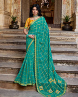 Vishal Prints Teal Green Dyed Fancy Checks Chiffon Saree With Applique Work And Cut Work Embroidery Border