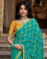 Vishal Prints Teal Green Dyed Fancy Checks Chiffon Saree With Applique Work And Cut Work Embroidery Border