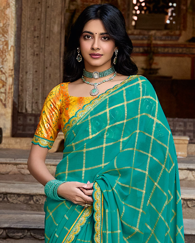 Vishal Prints Teal Green Dyed Fancy Checks Chiffon Saree With Applique Work And Cut Work Embroidery Border