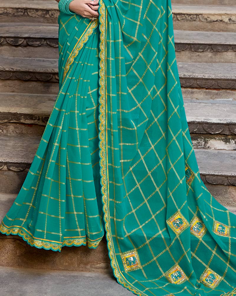 Vishal Prints Teal Green Dyed Fancy Checks Chiffon Saree With Applique Work And Cut Work Embroidery Border