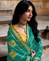 Vishal Prints Teal Green Dyed Fancy Checks Chiffon Saree With Applique Work And Cut Work Embroidery Border