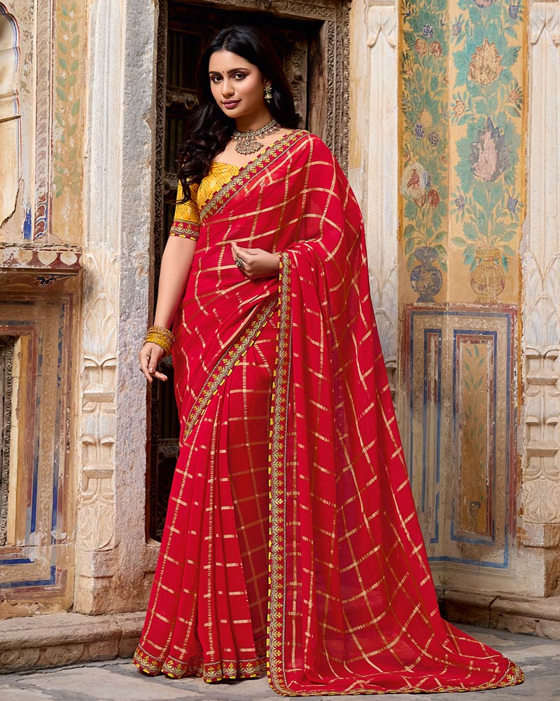 Vishal Prints Crimson Red Dyed Fancy Checks Chiffon Saree With Fancy Embroidery Border