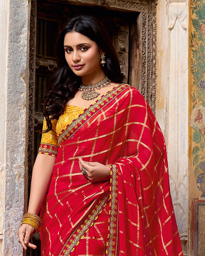 Vishal Prints Crimson Red Dyed Fancy Checks Chiffon Saree With Fancy Embroidery Border