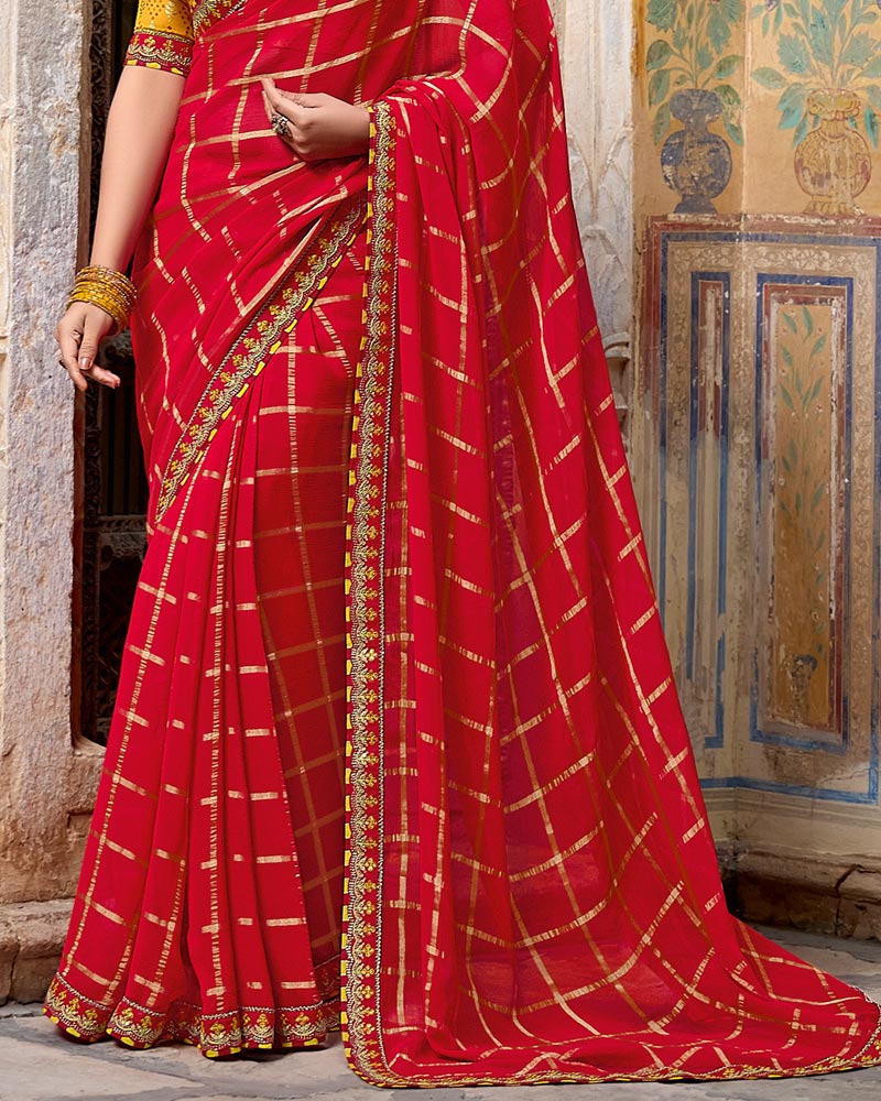 Vishal Prints Crimson Red Dyed Fancy Checks Chiffon Saree With Fancy Embroidery Border
