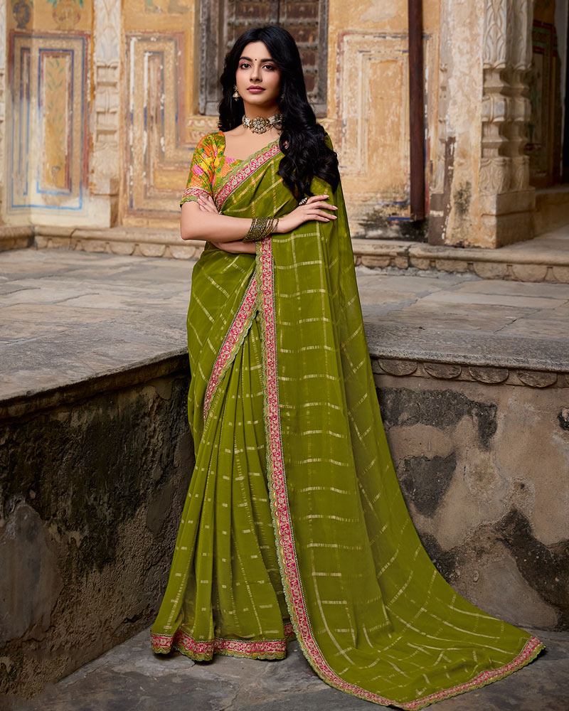 Vishal Prints Olive Green Dyed Fancy Checks Chiffon Saree With Cut Work Embroidery Border