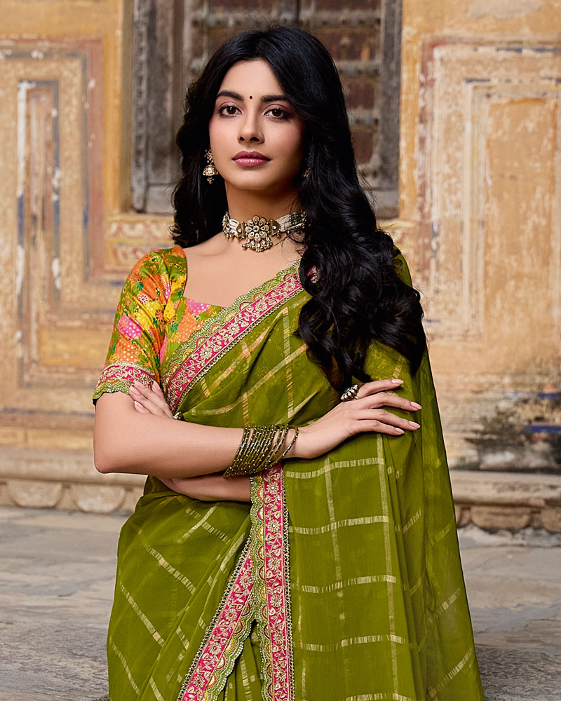 Vishal Prints Olive Green Dyed Fancy Checks Chiffon Saree With Cut Work Embroidery Border