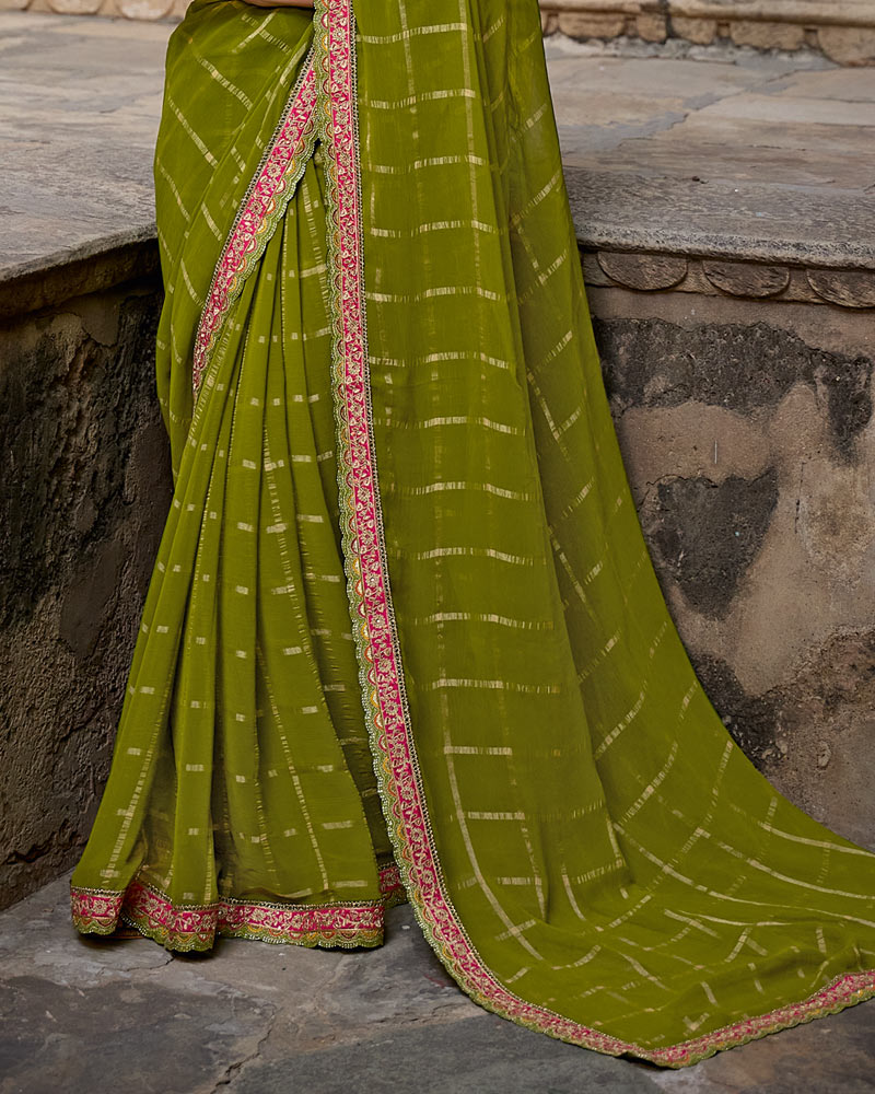 Vishal Prints Olive Green Dyed Fancy Checks Chiffon Saree With Cut Work Embroidery Border