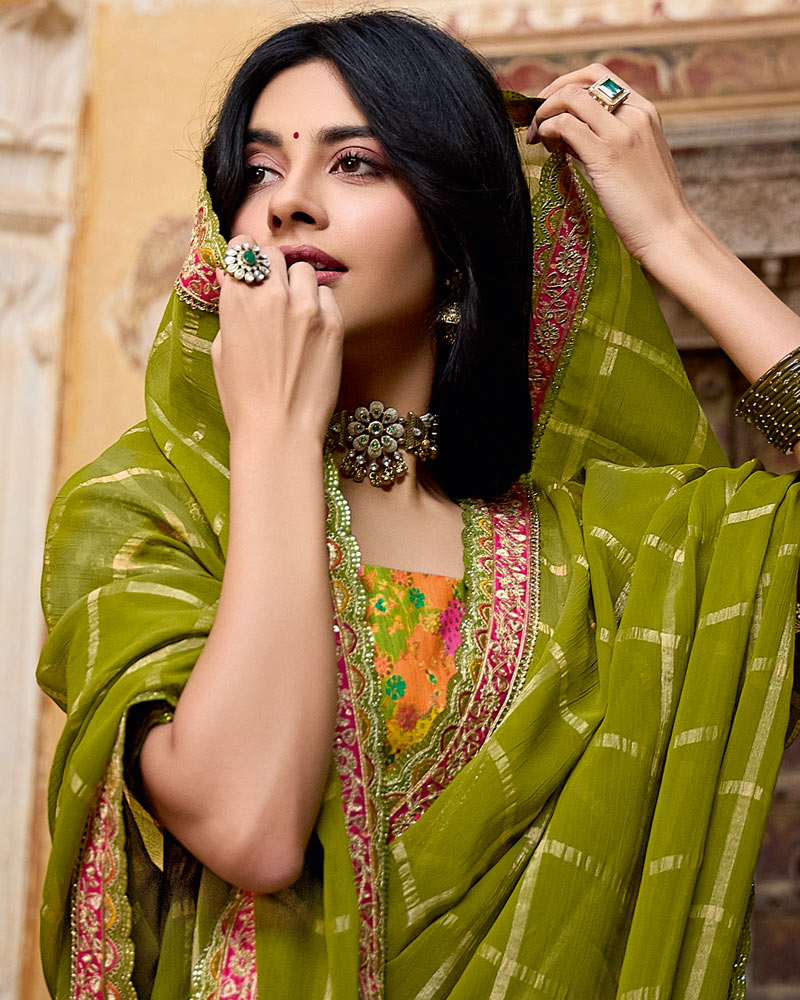 Vishal Prints Olive Green Dyed Fancy Checks Chiffon Saree With Cut Work Embroidery Border