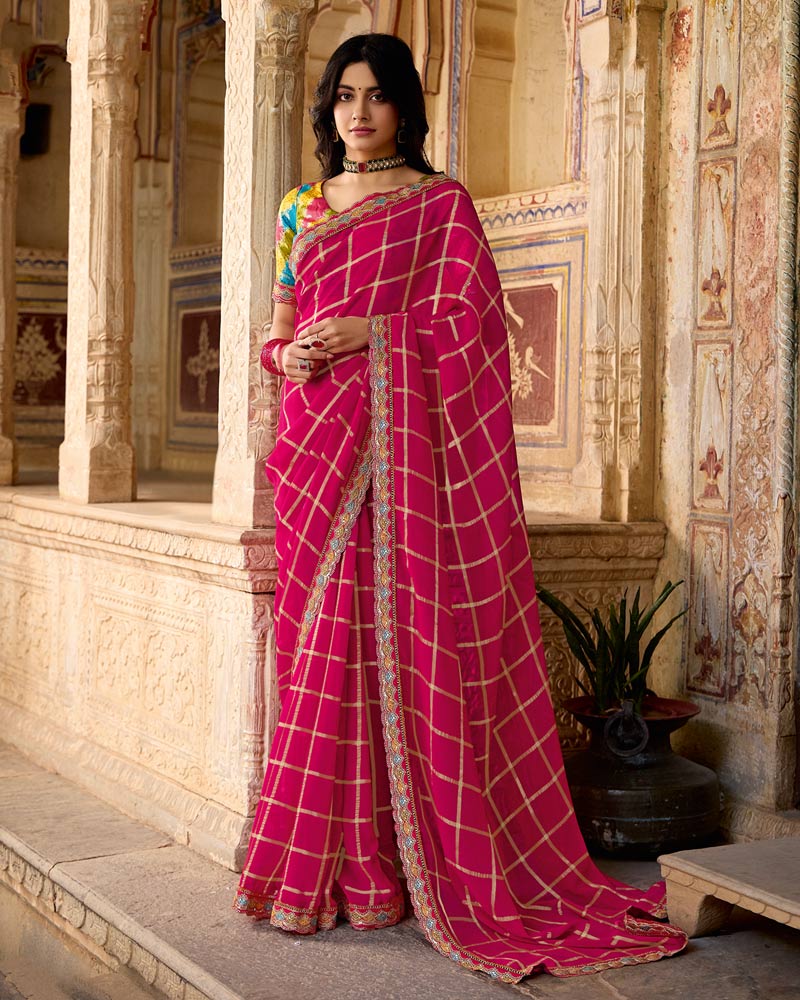Vishal Prints Strawberry Pink Dyed Fancy Checks Chiffon Saree With Cut Work Embroidery Border