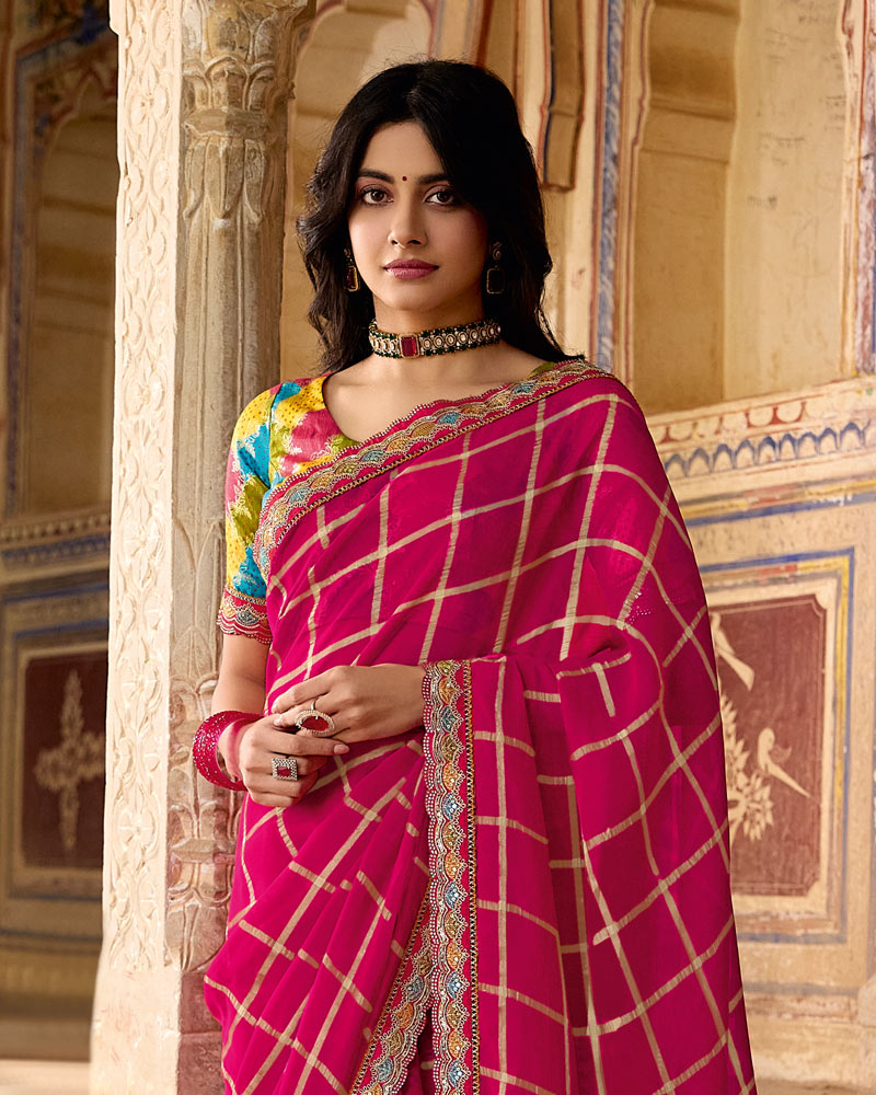 Vishal Prints Strawberry Pink Dyed Fancy Checks Chiffon Saree With Cut Work Embroidery Border