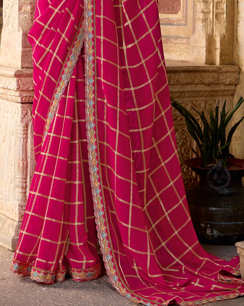 Vishal Prints Strawberry Pink Dyed Fancy Checks Chiffon Saree With Cut Work Embroidery Border