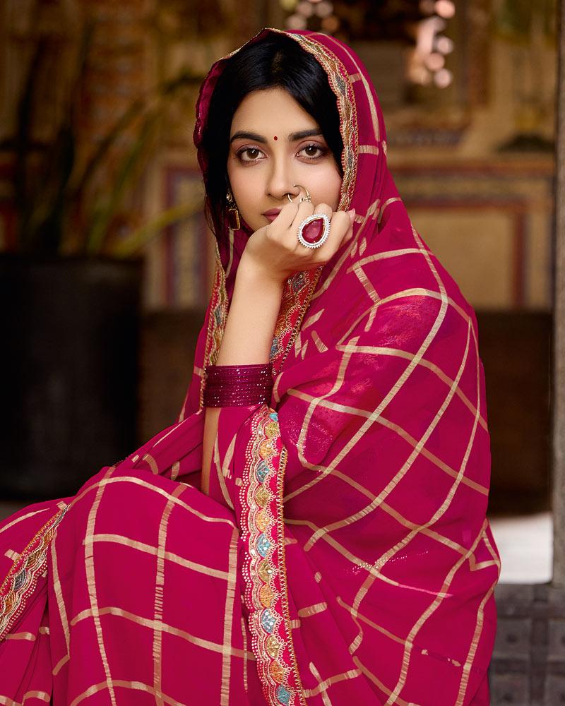 Vishal Prints Strawberry Pink Dyed Fancy Checks Chiffon Saree With Cut Work Embroidery Border