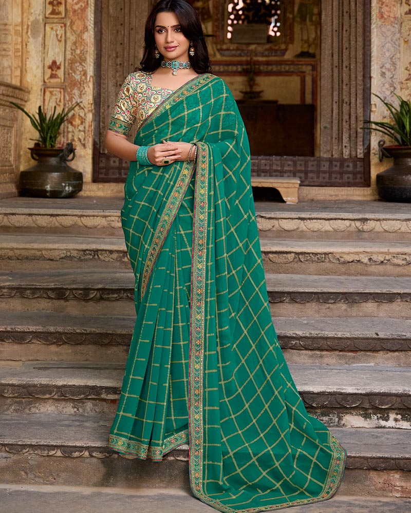 Vishal Prints Sea Green Dyed Fancy Checks Chiffon Saree With Fancy Embroidery Border