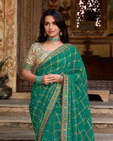 Vishal Prints Sea Green Dyed Fancy Checks Chiffon Saree With Fancy Embroidery Border