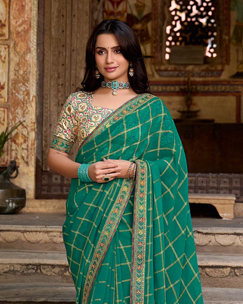 Vishal Prints Sea Green Dyed Fancy Checks Chiffon Saree With Fancy Embroidery Border