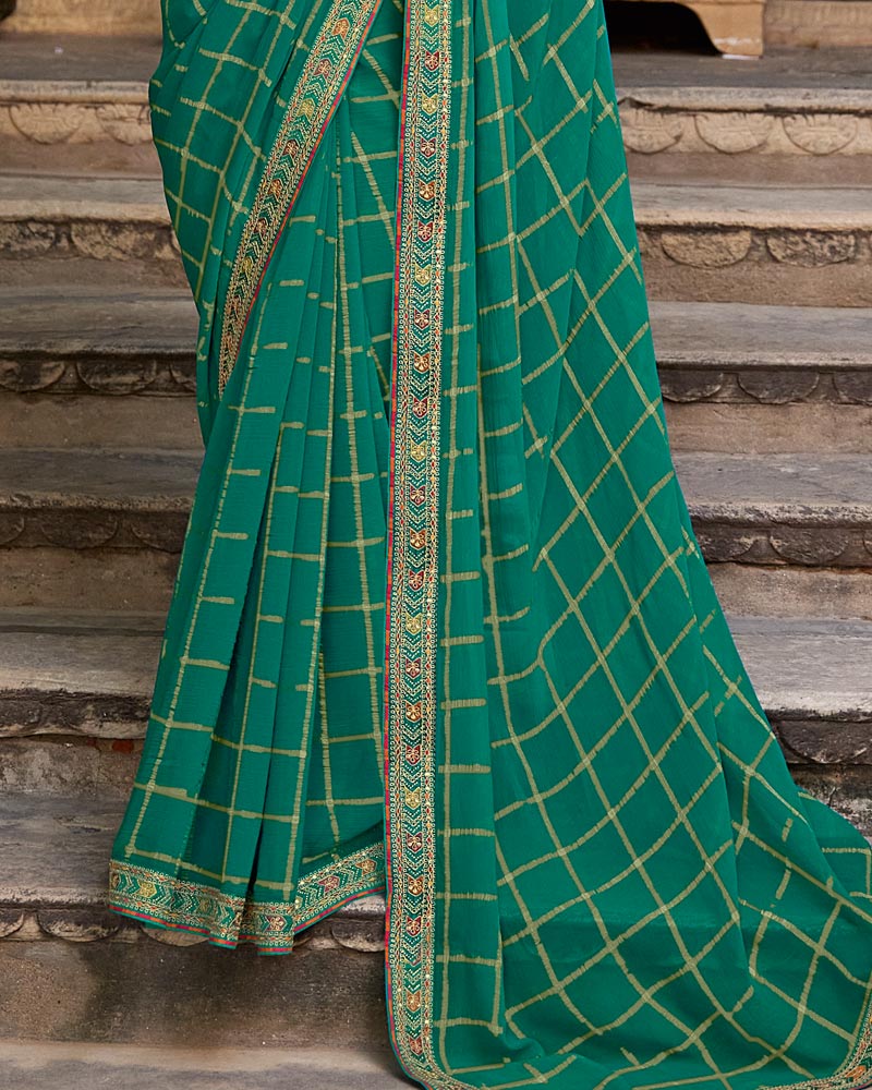 Vishal Prints Sea Green Dyed Fancy Checks Chiffon Saree With Fancy Embroidery Border