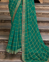 Vishal Prints Sea Green Dyed Fancy Checks Chiffon Saree With Fancy Embroidery Border