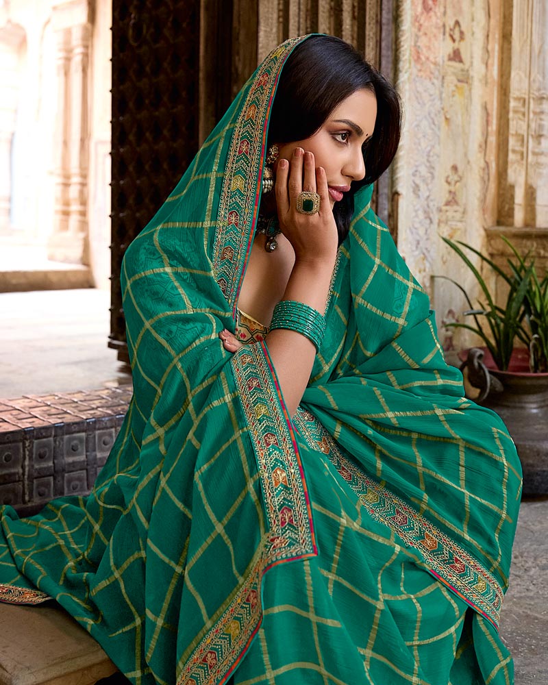 Vishal Prints Sea Green Dyed Fancy Checks Chiffon Saree With Fancy Embroidery Border