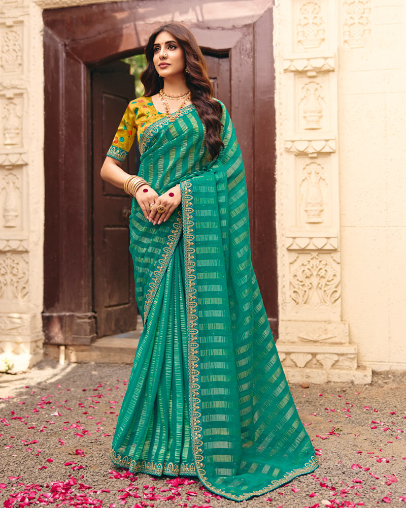 Vishal Prints Teal Green Designer Patterned Chiffon Saree With Diamond Work And Fancy Embroidery Border