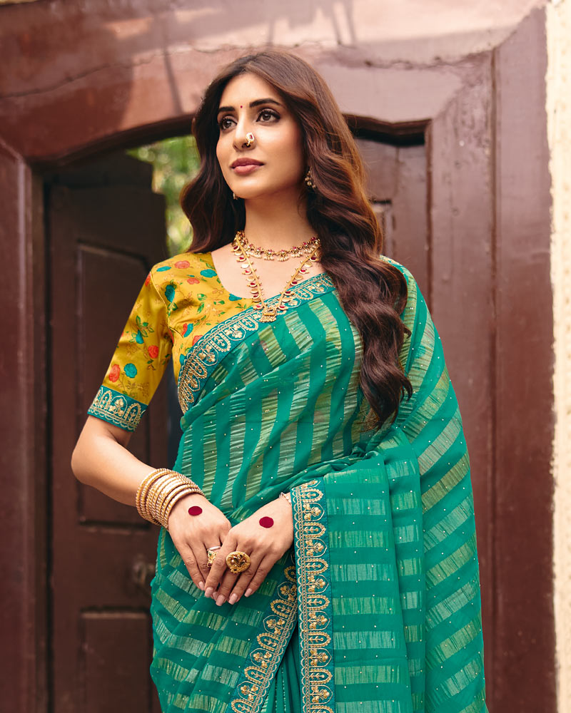 Vishal Prints Teal Green Designer Patterned Chiffon Saree With Diamond Work And Fancy Embroidery Border