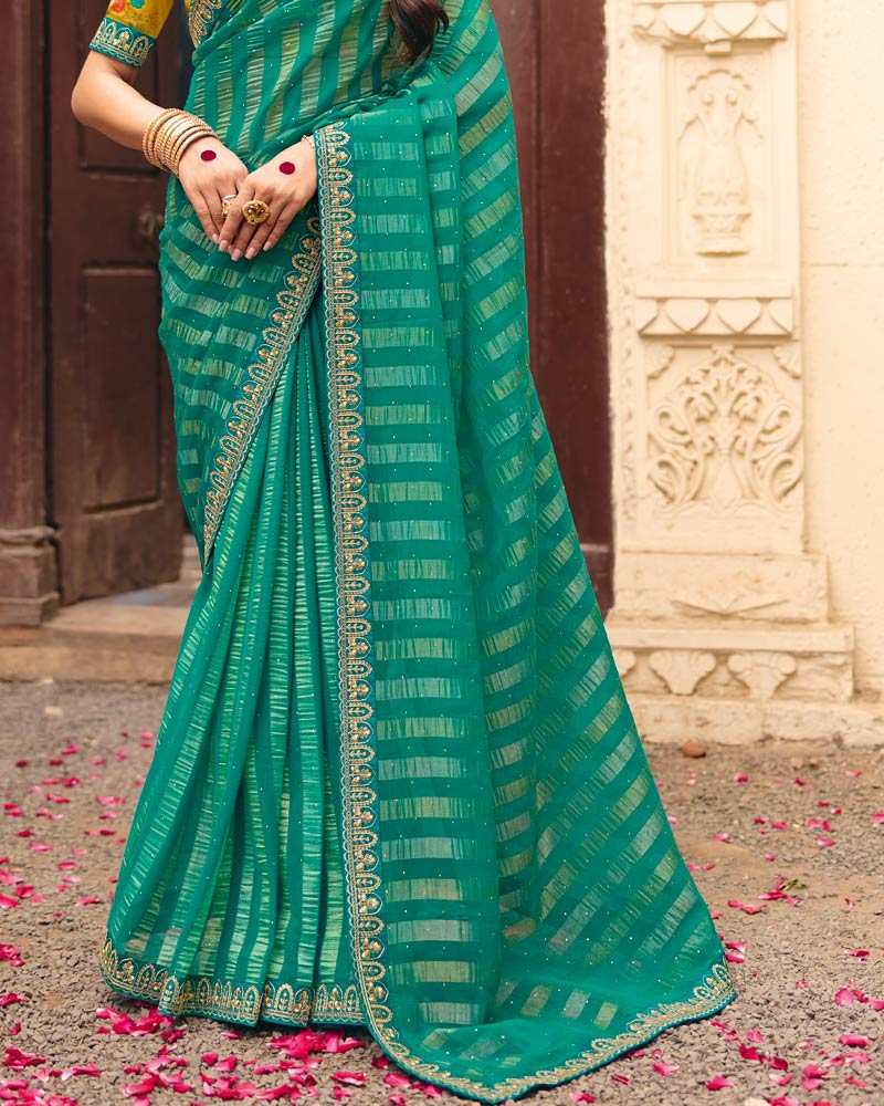 Vishal Prints Teal Green Designer Patterned Chiffon Saree With Diamond Work And Fancy Embroidery Border