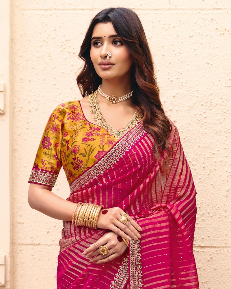 Vishal Prints Raspberry Pink Designer Patterned Chiffon Saree With Diamond Work And Fancy Embroidery Border