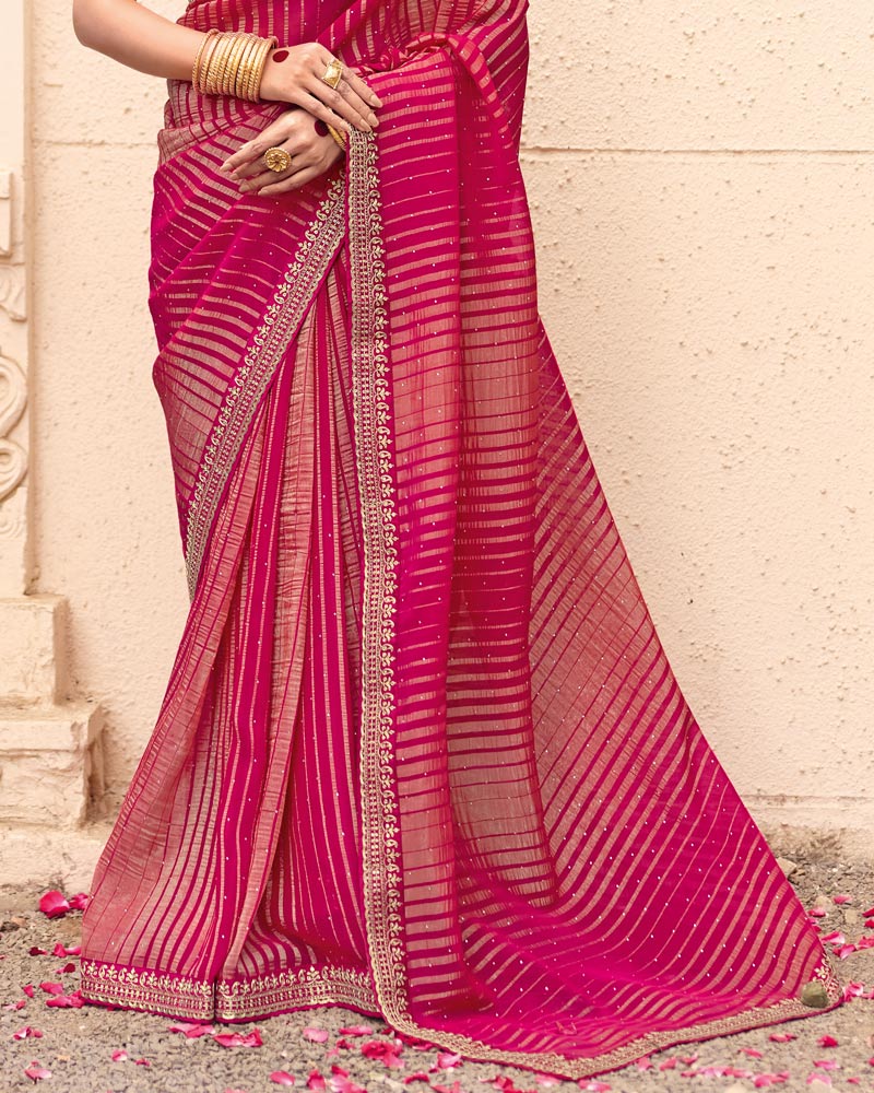 Vishal Prints Raspberry Pink Designer Patterned Chiffon Saree With Diamond Work And Fancy Embroidery Border