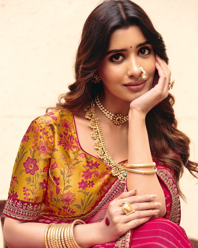 Vishal Prints Raspberry Pink Designer Patterned Chiffon Saree With Diamond Work And Fancy Embroidery Border