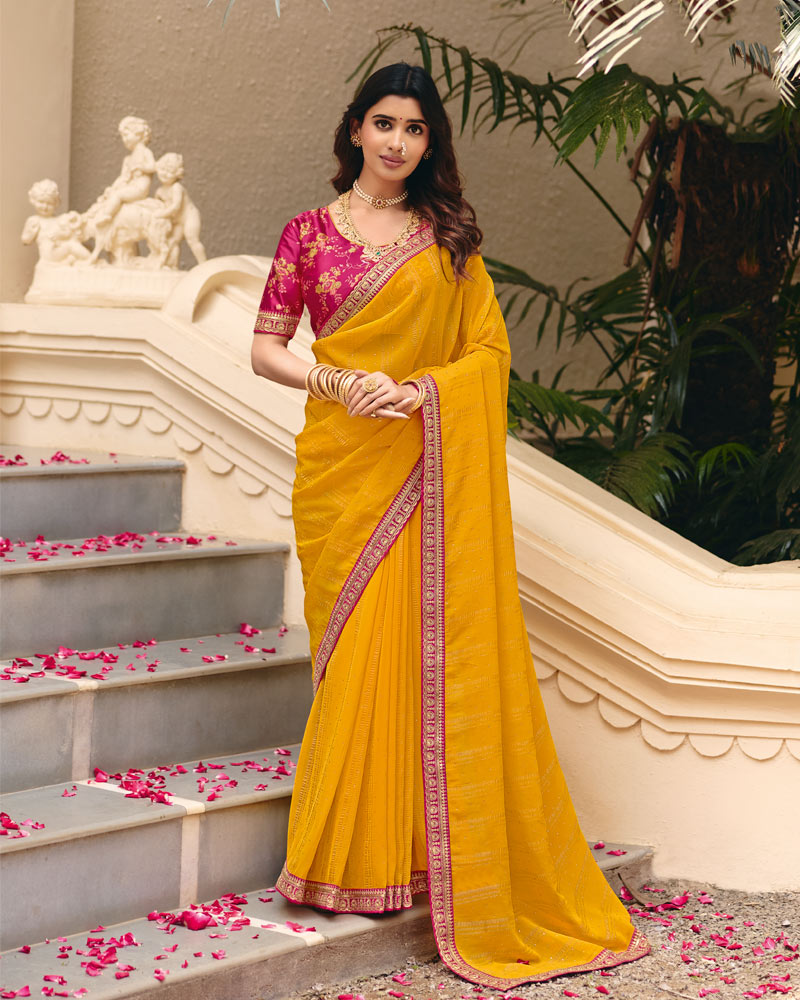 Vishal Prints Mustard Designer Patterned Chiffon Saree With Diamond Work And Fancy Embroidery Border