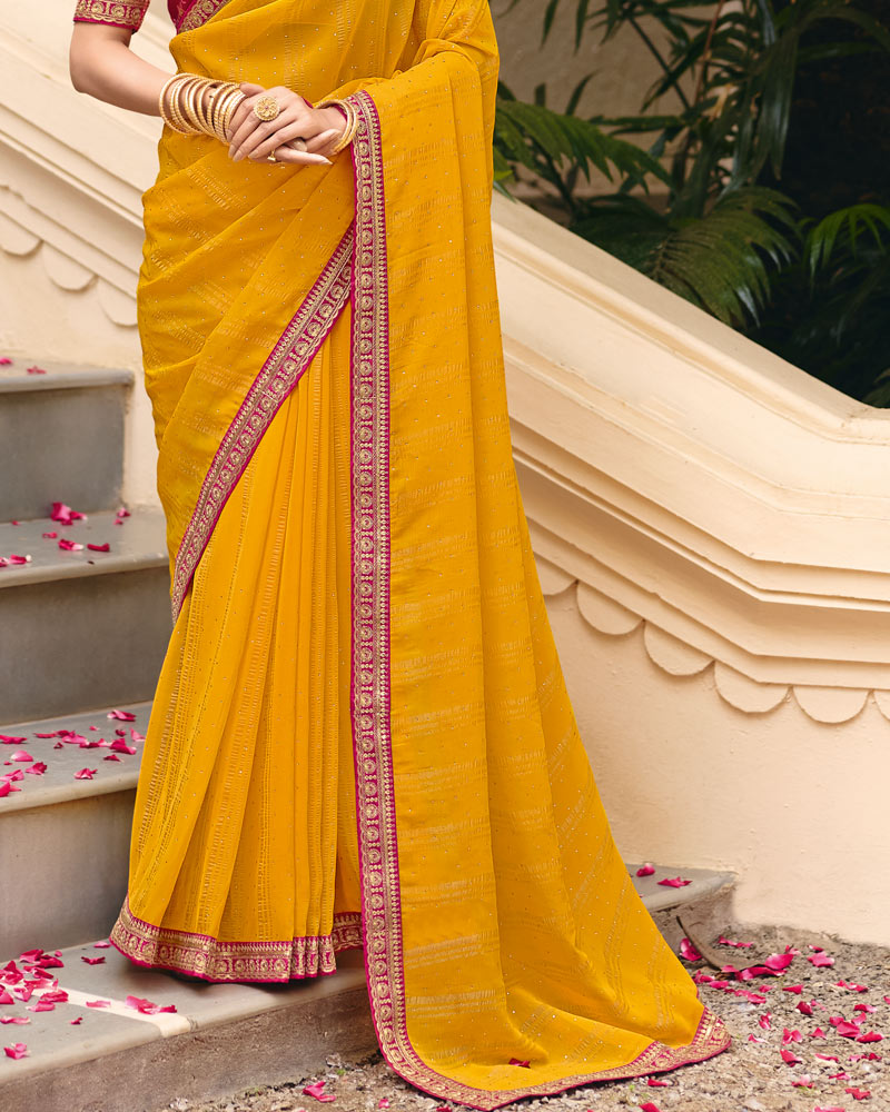 Vishal Prints Mustard Designer Patterned Chiffon Saree With Diamond Work And Fancy Embroidery Border