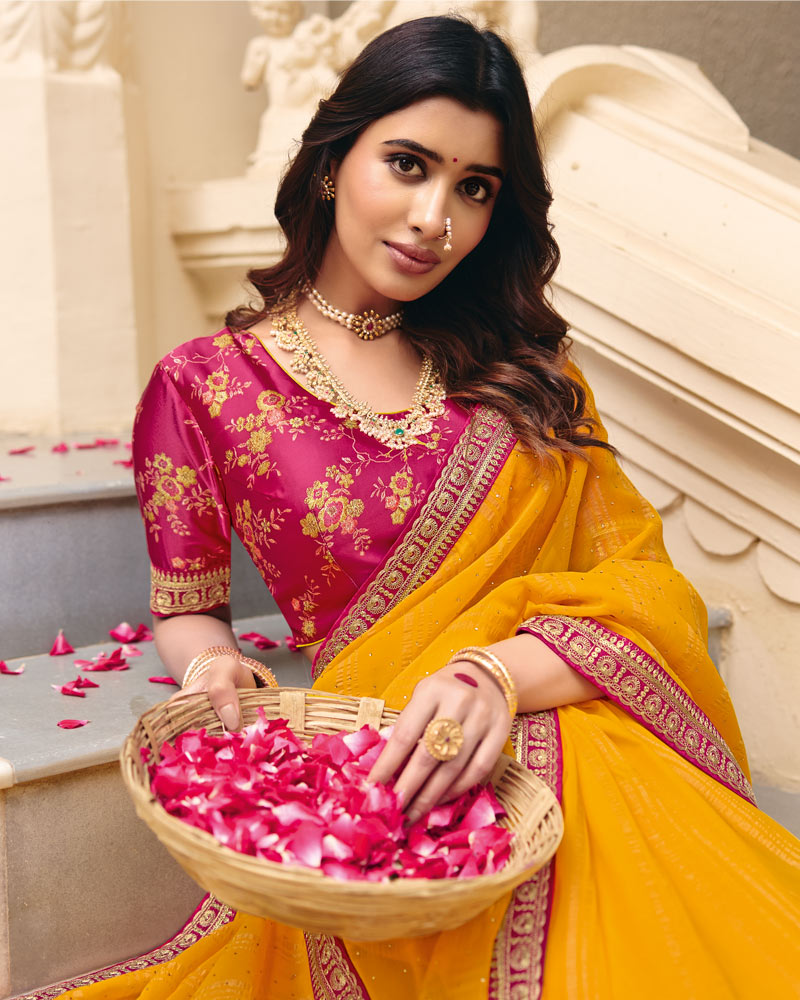 Vishal Prints Mustard Designer Patterned Chiffon Saree With Diamond Work And Fancy Embroidery Border