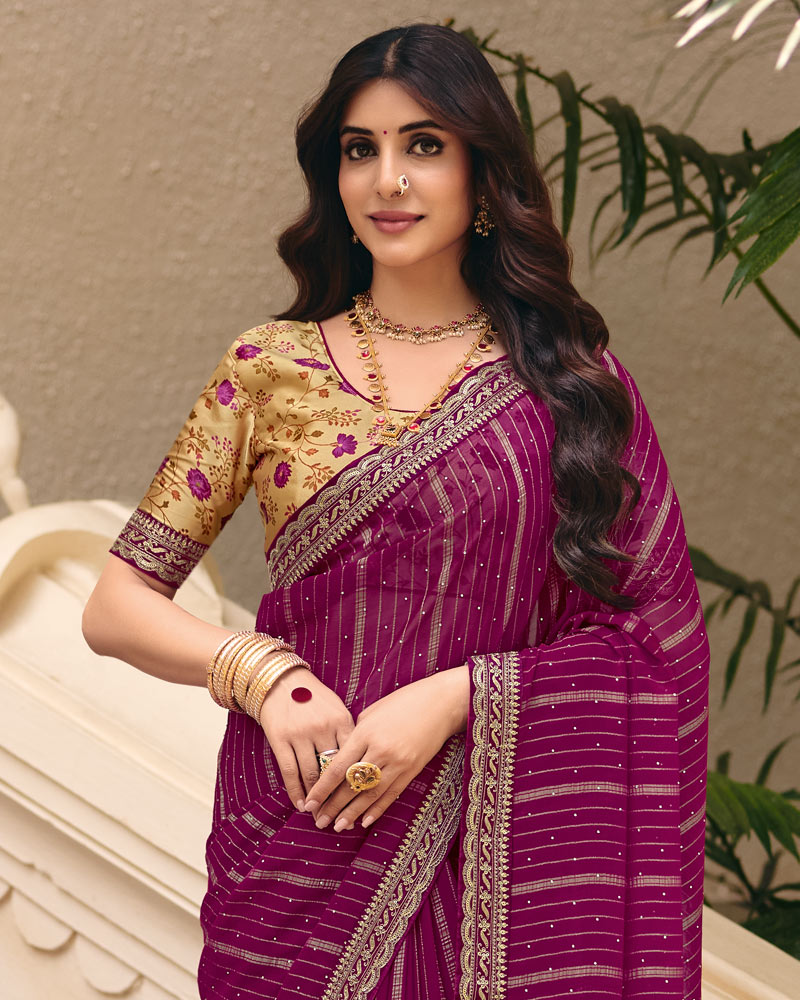 Vishal Prints Wine Designer Patterned Chiffon Saree With Diamond Work And Fancy Embroidery Border