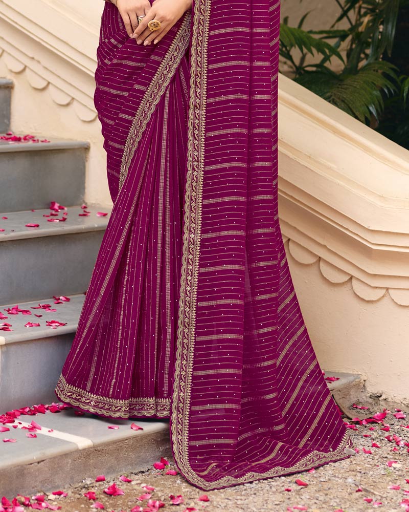 Vishal Prints Wine Designer Patterned Chiffon Saree With Diamond Work And Fancy Embroidery Border