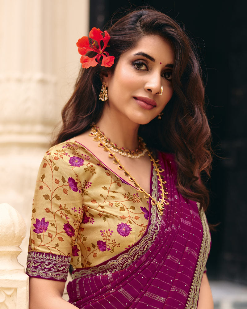 Vishal Prints Wine Designer Patterned Chiffon Saree With Diamond Work And Fancy Embroidery Border