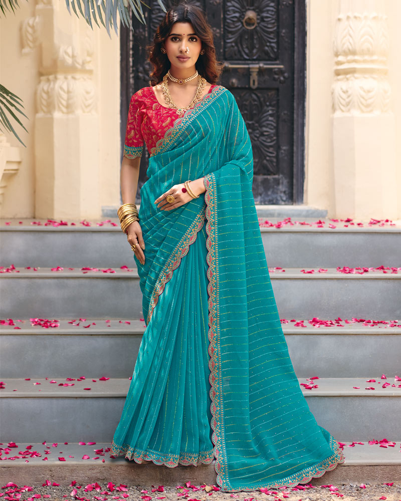 Vishal Prints Deep Sky Blue Designer Patterned Chiffon Saree With Diamond Work And Fancy Embroidery Border