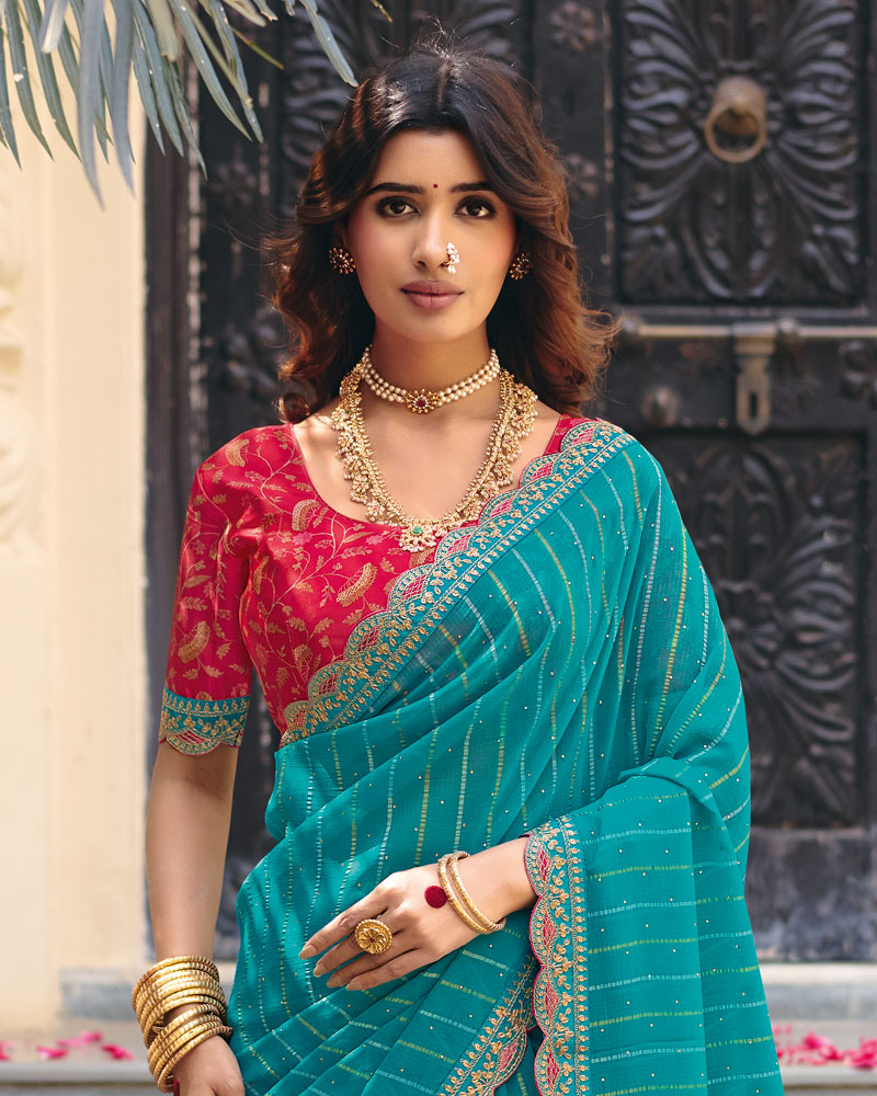Vishal Prints Deep Sky Blue Designer Patterned Chiffon Saree With Diamond Work And Fancy Embroidery Border