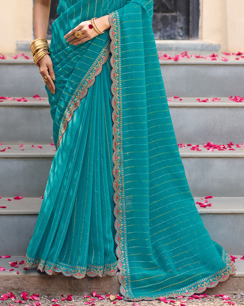 Vishal Prints Deep Sky Blue Designer Patterned Chiffon Saree With Diamond Work And Fancy Embroidery Border