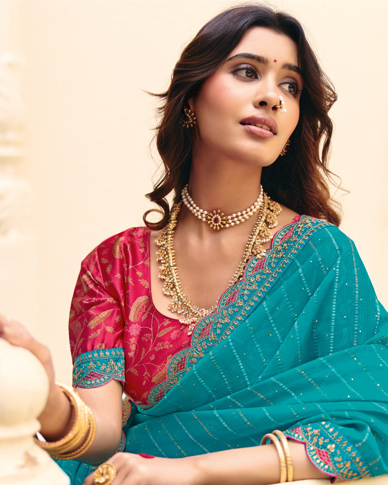 Vishal Prints Deep Sky Blue Designer Patterned Chiffon Saree With Diamond Work And Fancy Embroidery Border