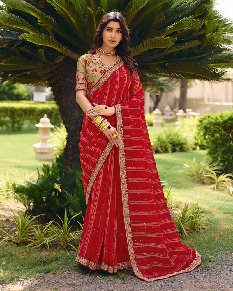 Vishal Prints Deep Red Designer Patterned Chiffon Saree With Diamond Work And Fancy Embroidery Border