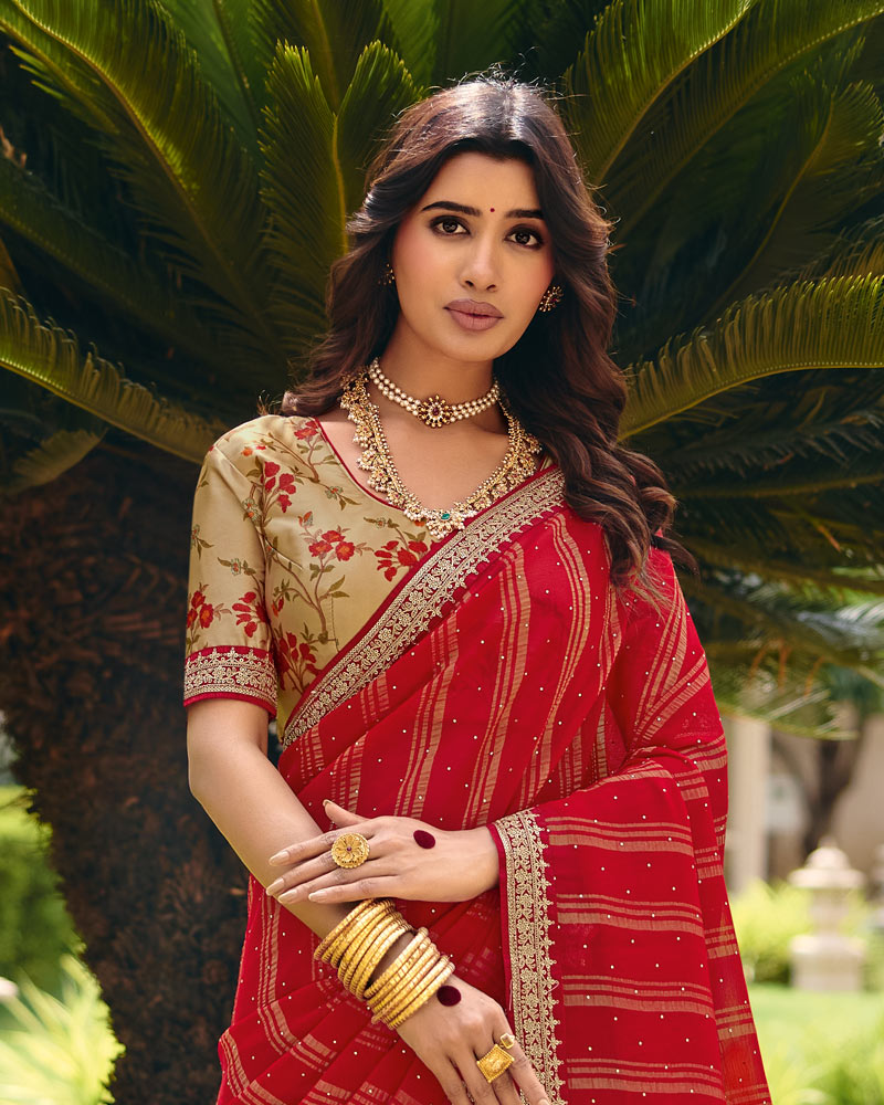 Vishal Prints Deep Red Designer Patterned Chiffon Saree With Diamond Work And Fancy Embroidery Border