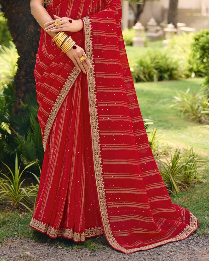 Vishal Prints Deep Red Designer Patterned Chiffon Saree With Diamond Work And Fancy Embroidery Border