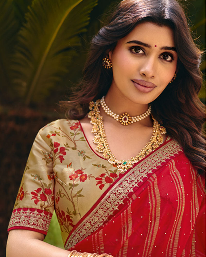 Vishal Prints Deep Red Designer Patterned Chiffon Saree With Diamond Work And Fancy Embroidery Border