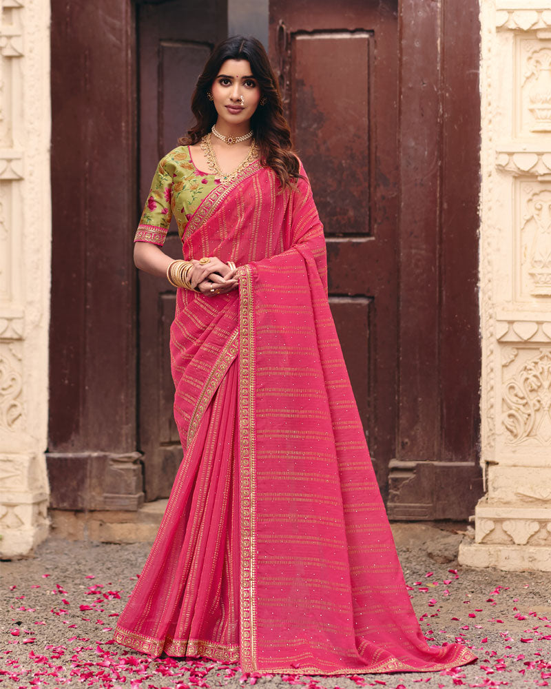 Vishal Prints Fuchsia Bright Pink Designer Patterned Chiffon Saree With Diamond Work And Fancy Embroidery Border