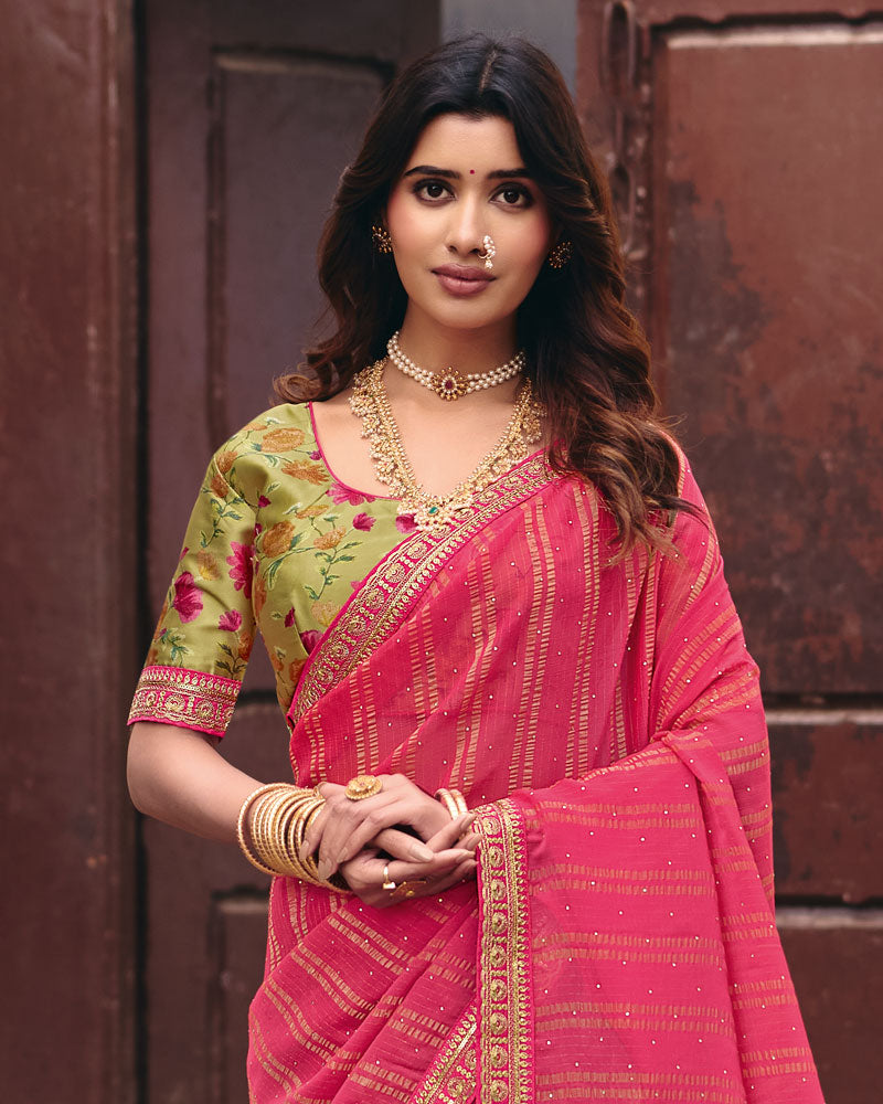 Vishal Prints Fuchsia Bright Pink Designer Patterned Chiffon Saree With Diamond Work And Fancy Embroidery Border