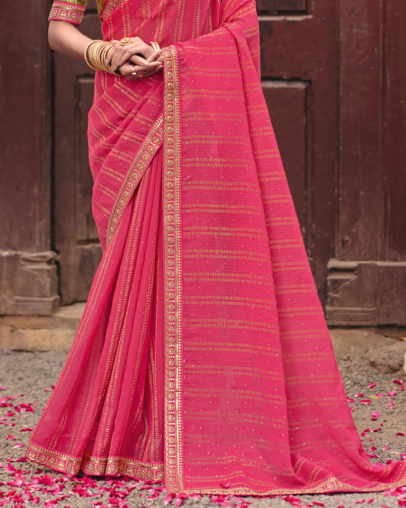 Vishal Prints Fuchsia Bright Pink Designer Patterned Chiffon Saree With Diamond Work And Fancy Embroidery Border