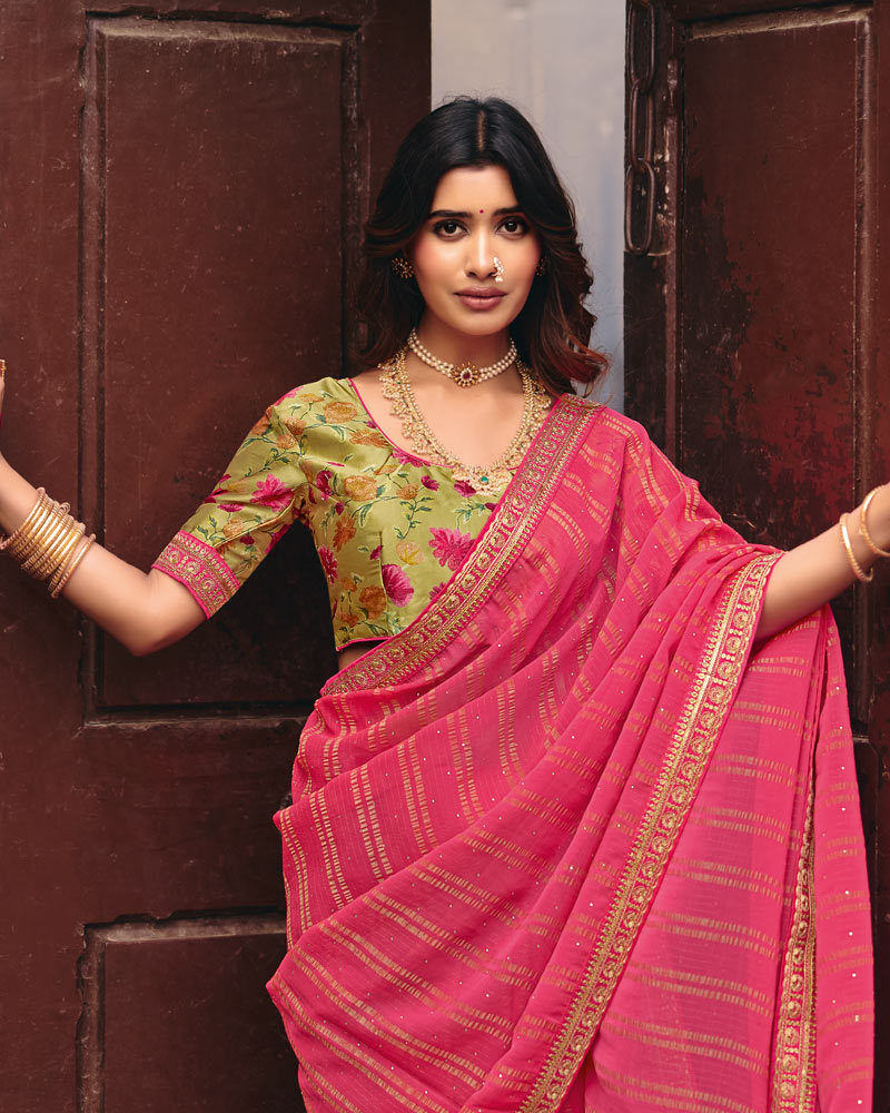 Vishal Prints Fuchsia Bright Pink Designer Patterned Chiffon Saree With Diamond Work And Fancy Embroidery Border