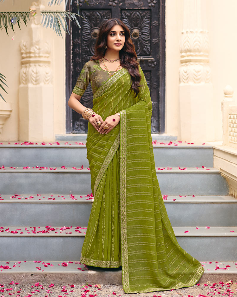 Vishal Prints Mehandi Green Designer Patterned Chiffon Saree With Diamond Work And Fancy Embroidery Border