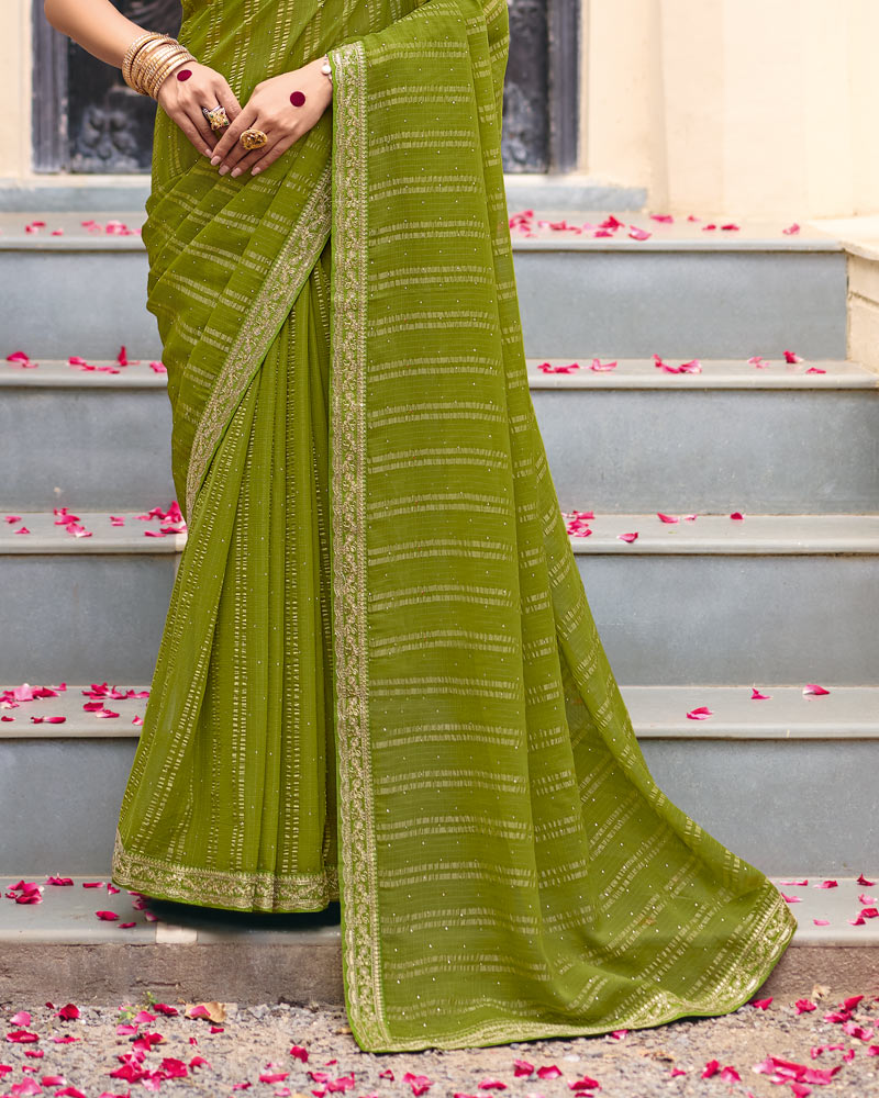 Vishal Prints Mehandi Green Designer Patterned Chiffon Saree With Diamond Work And Fancy Embroidery Border