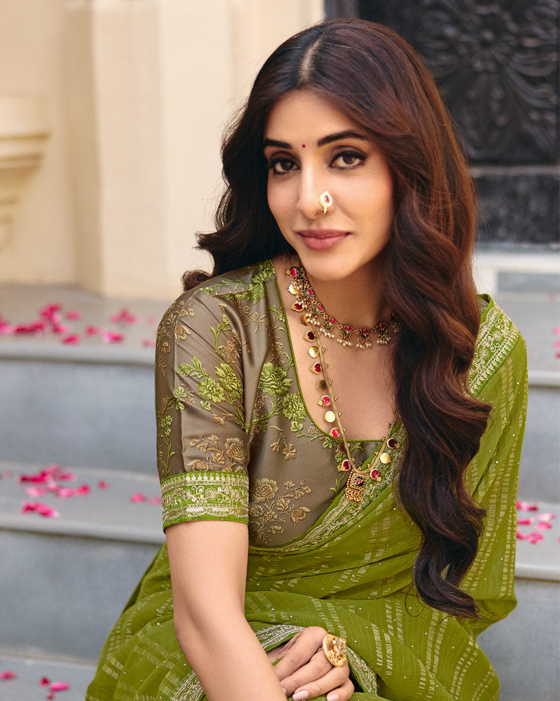 Vishal Prints Mehandi Green Designer Patterned Chiffon Saree With Diamond Work And Fancy Embroidery Border