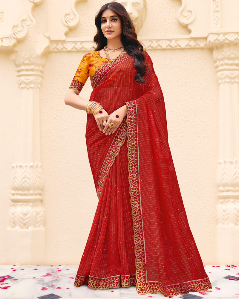 Vishal Prints Sindoori Red Designer Patterned Chiffon Saree With Diamond Work And Fancy Embroidery Border